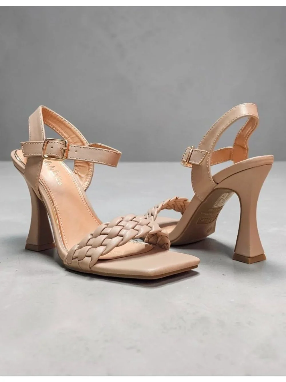 Braided Nude Heeled Sandals With Square Toe Design & Adjustable Ankle Strap - Picture 11 of 14